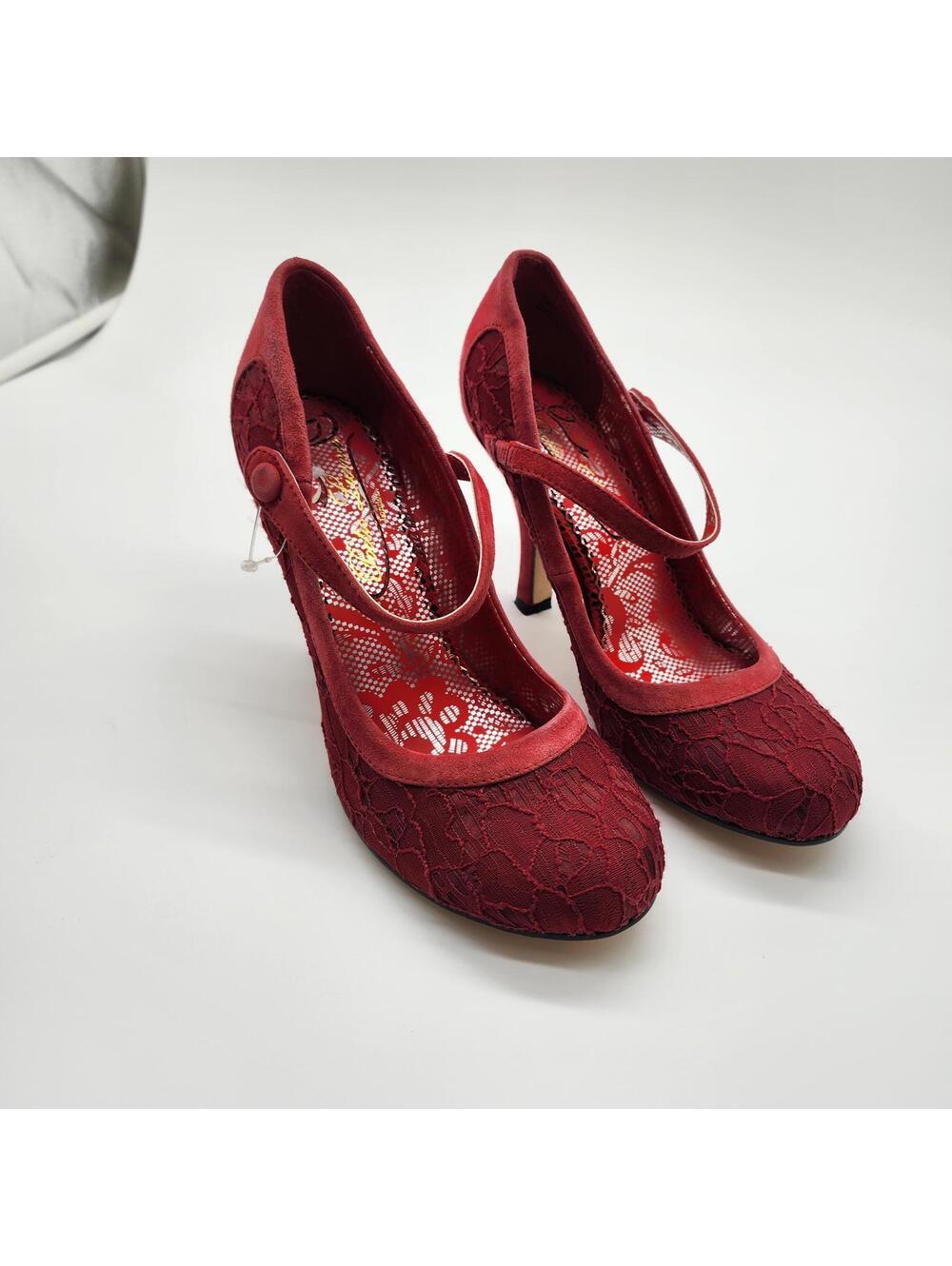 New Poetic License- Feminine Encounters red lace velvet heels mary jane 39 9